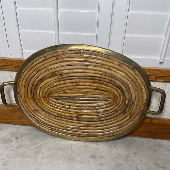 Mcm Italian pencil reed & brass oval serving tray, in style of Gabriella Crespi